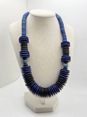 Vintage Blue and Black Disc Necklace - Layered Statement Beads